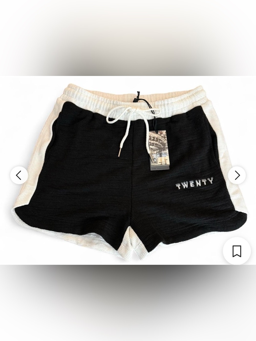 NWT: Twenty Montreal Black & White Waffle Knit Drawstring Shorts, Lined, sz Sm
